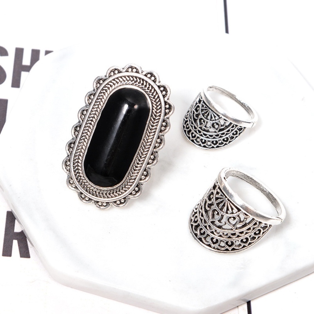 *NIA* 3-Pc Silver x Black Design Fashion Ring Set